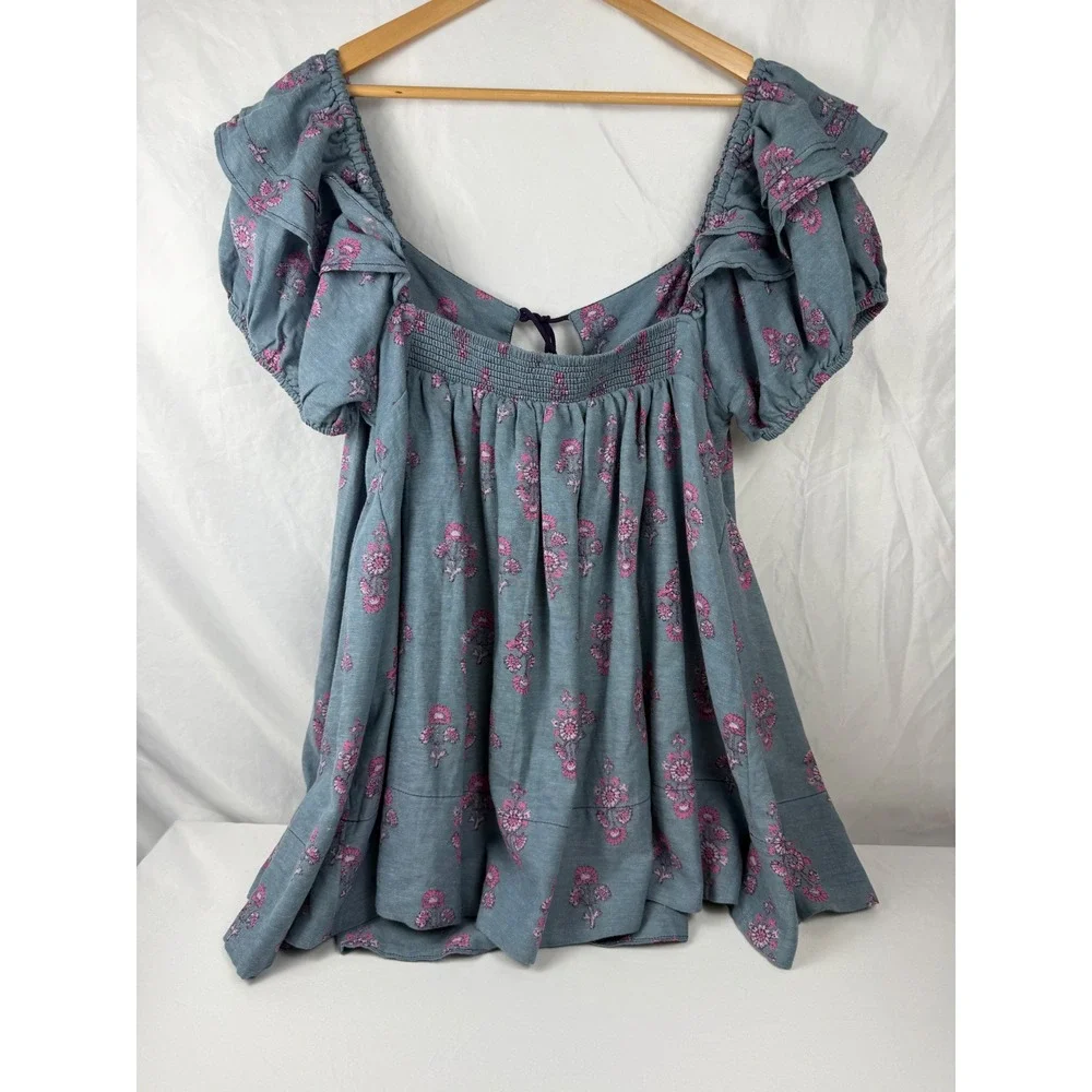 Free People L Blue Floral Peasant Blouse Boho Puff‎ Sleeve Smocked Cottagecore